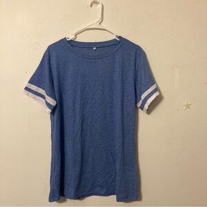 Light blue short sleeved t shirt with white sleeve detail. Baseball style size L